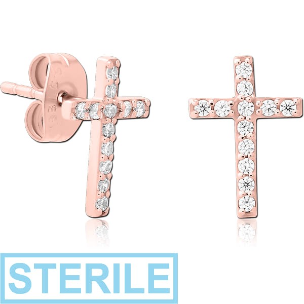 STERILE ROSE GOLD PVD COATED SURGICAL STEEL JEWELLED EAR STUDS PAIR - CROSS