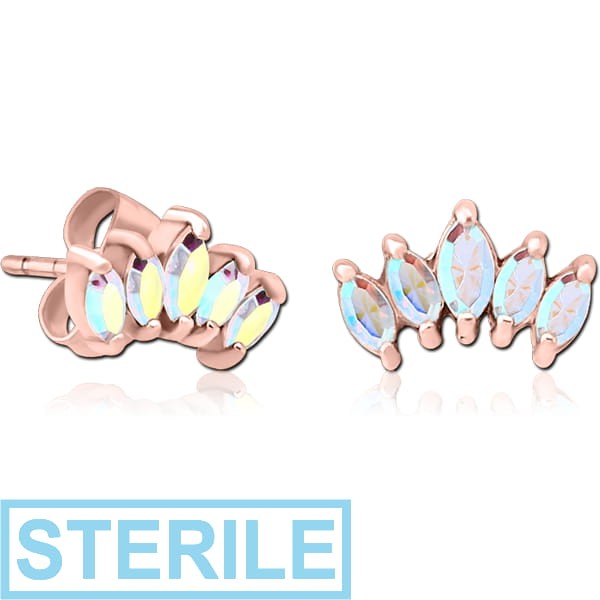 STERILE ROSE GOLD PVD COATED SURGICAL STEEL JEWELLED EAR STUDS PAIR - FIVE GEMS
