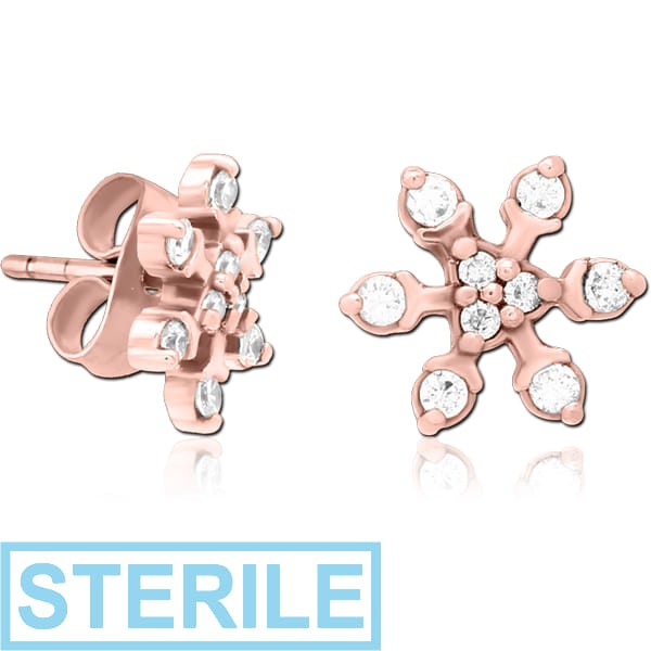 STERILE ROSE GOLD PVD COATED SURGICAL STEEL JEWELLED EAR STUDS PAIR - SNOWFLAKE