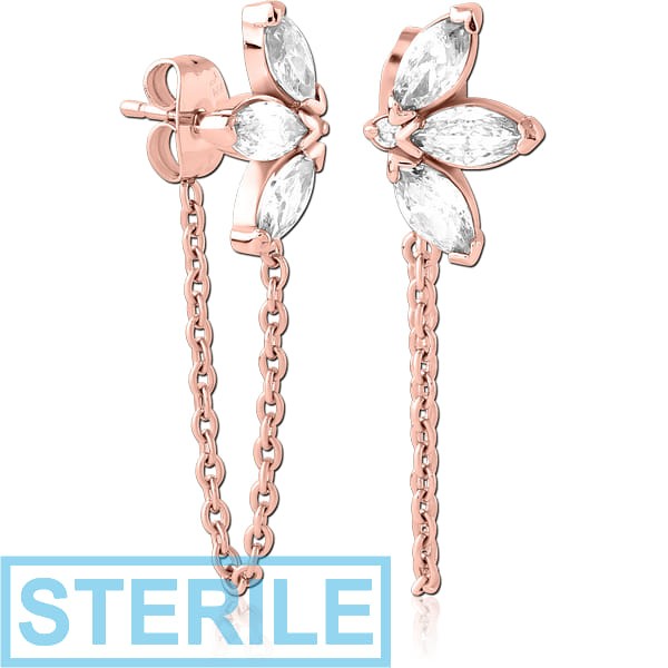 STERILE ROSE GOLD PVD COATED SURGICAL STEEL JEWELLED EAR STUDS PAIR