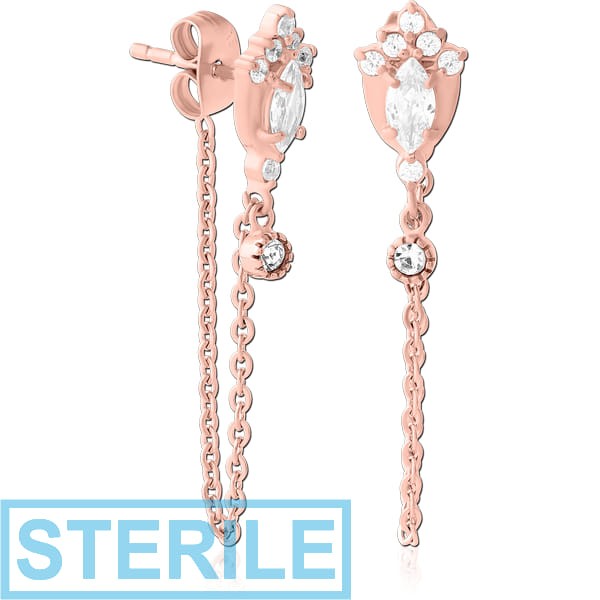 STERILE ROSE GOLD PVD COATED SURGICAL STEEL JEWELLED EAR STUDS PAIR