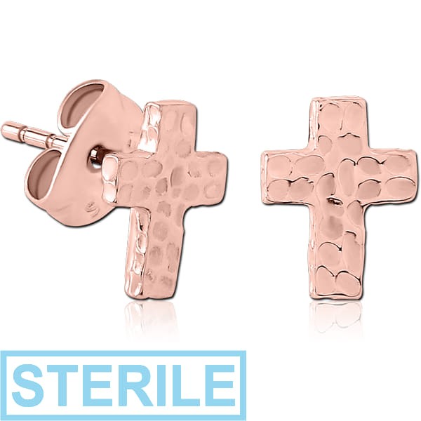 STERILE ROSE GOLD PVD COATED SURGICAL STEEL EAR STUDS -CROSS