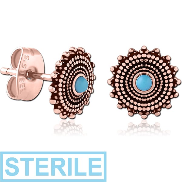 STERILE ROSE GOLD PVD COATED SURGICAL STEEL JEWELLED EAR STUDS PAIR