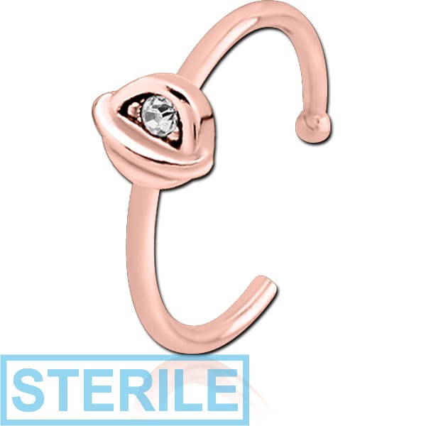STERILE ROSE GOLD PVD COATED SURGICAL STEEL JEWELLED OPEN NOSE RING - HALF OPEN EYE