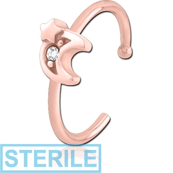 STERILE ROSE GOLD PVD COATED SURGICAL STEEL JEWELLED OPEN NOSE RING - CRESCENT AND STAR