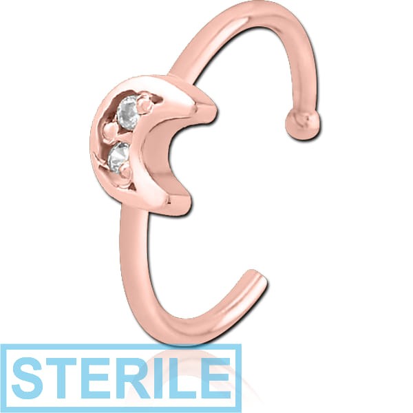 STERILE ROSE GOLD PVD COATED SURGICAL STEEL JEWELLED OPEN NOSE RING - CRESCENT PRONGS
