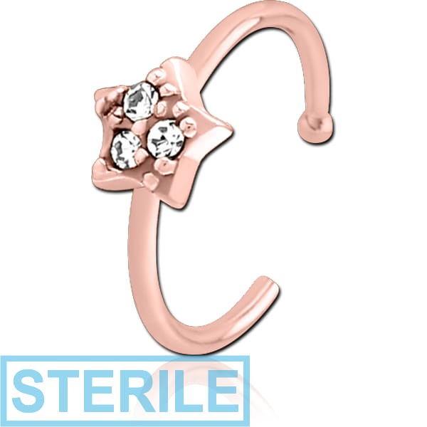 STERILE ROSE GOLD PVD COATED SURGICAL STEEL JEWELLED OPEN NOSE RING - STAR PRONGS