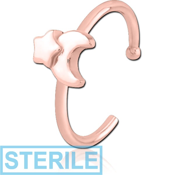 STERILE ROSE GOLD PVD COATED SURGICAL STEEL OPEN NOSE RING - CRESCENT AND STAR