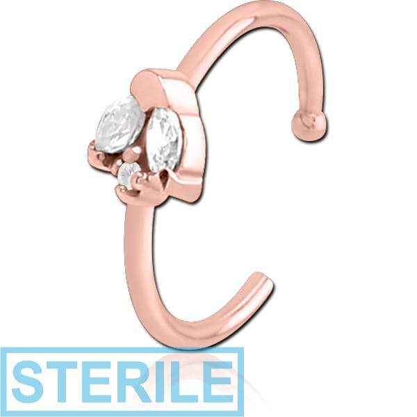 STERILE ROSE GOLD PVD COATED SURGICAL STEEL JEWELLED OPEN NOSE RING