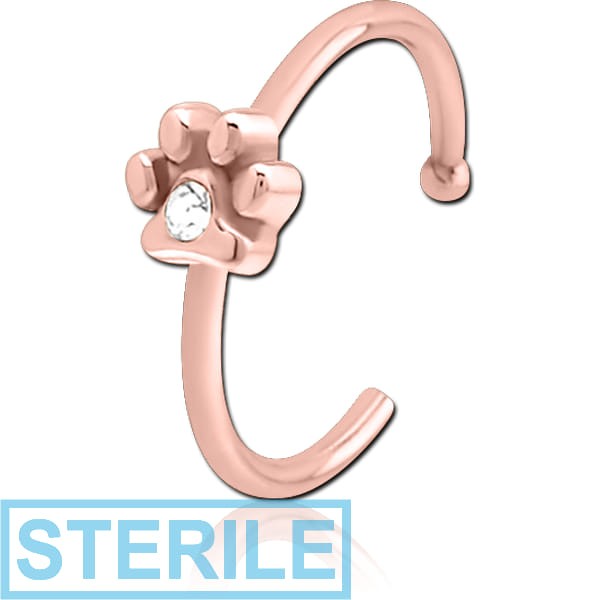 STERILE ROSE GOLD PVD COATED SURGICAL STEEL JEWELLED OPEN NOSE RING - ANIMAL PAW CENTER GEM
