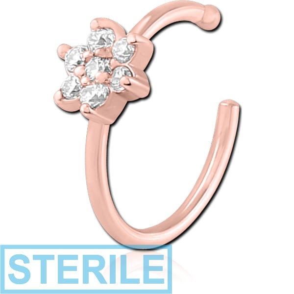 STERILE ROSE GOLD PVD COATED SURGICAL STEEL JEWELLED OPEN NOSE RING