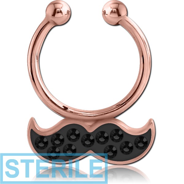 STERILE ROSE GOLD PVD COATED SURGICAL STEEL HIGH END CRYSTALINE JEWELLED FAKE SEPTUM RING - MUSTACH