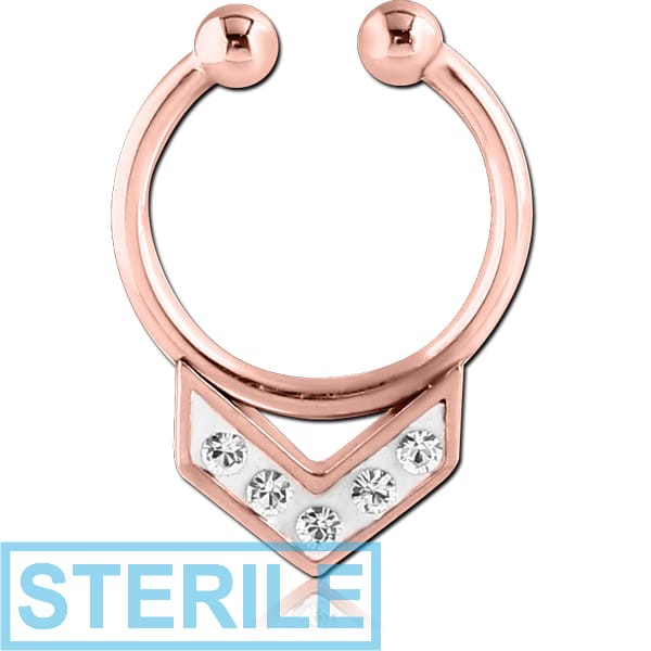 STERILE ROSE GOLD PVD COATED SURGICAL STEEL CRYSTALINE JEWELLED FAKE SEPTUM RING - V
