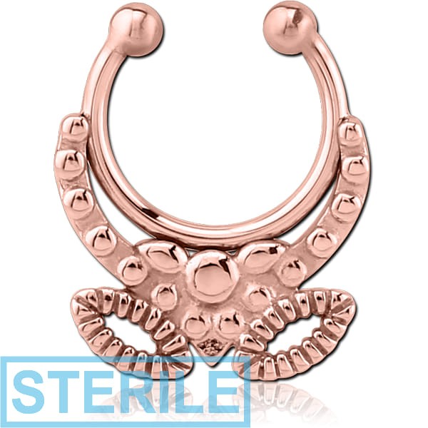 STERILE ROSE GOLD PVD COATED SURGICAL STEEL FAKE SEPTUM RING - V AND TWO EYES