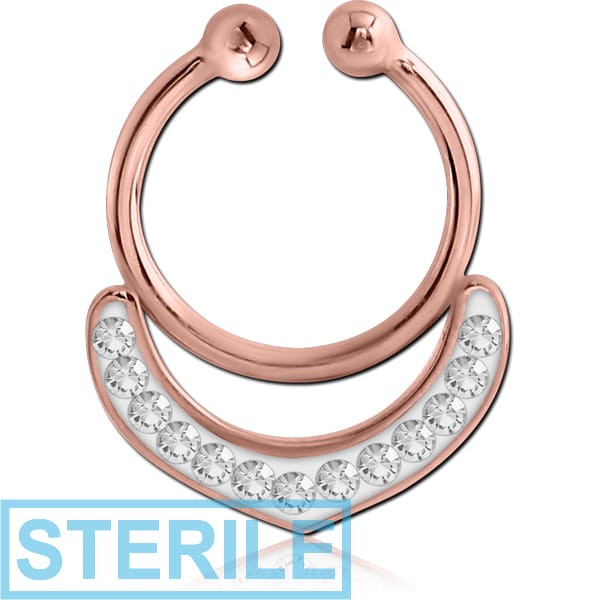 STERILE ROSE GOLD PVD COATED SURGICAL STEEL CRYSTALINE JEWELLED FAKE SEPTUM RING - V