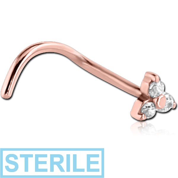 STERILE ROSE GOLD PVD COATED SURGICAL STEEL CURVED PRONG SET JEWELLED TRINITY NOSE STUD
