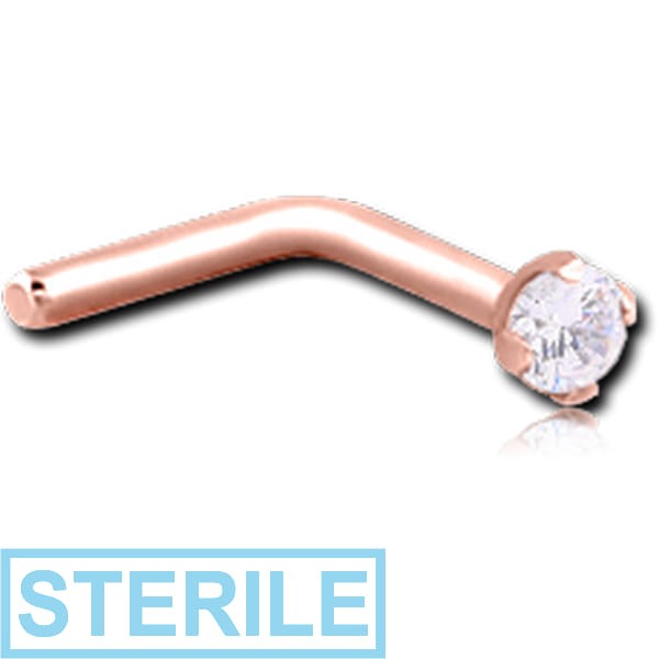 STERILE ROSE GOLD PVD COATED SURGICAL STEEL 90 DEGREE PRONG SET 2 MM JEWELLED NOSE STUD