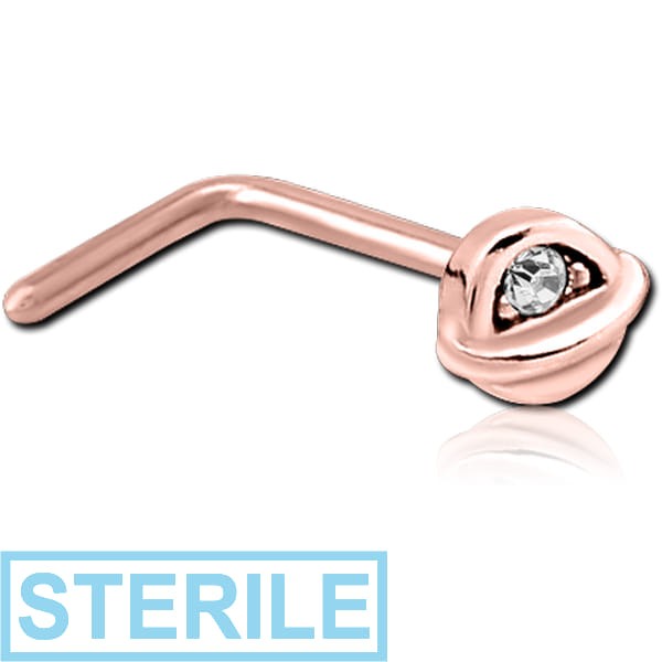 STERILE ROSE GOLD PVD COATED SURGICAL STEEL 90 DEGREE JEWELLED NOSE STUD