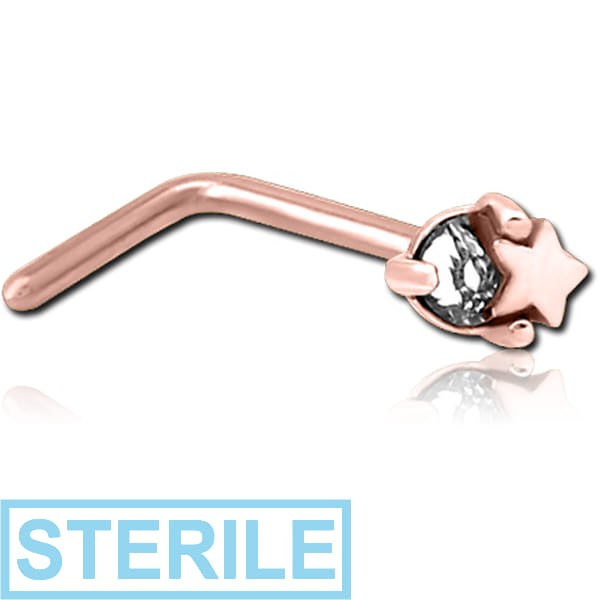 STERILE ROSE GOLD PVD COATED SURGICAL STEEL 90 DEGREE JEWELLED NOSE STUD