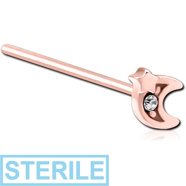 STERILE ROSE GOLD PVD COATED SURGICAL STEEL STRAIGHT JEWELLED NOSE STUD - CRESCENT AND STAR