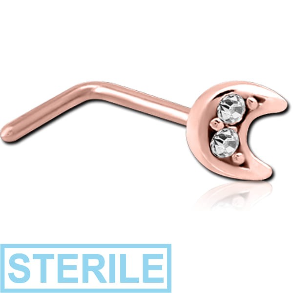 STERILE ROSE GOLD PVD COATED SURGICAL STEEL 90 DEGREE JEWELLED NOSE STUD - CRESCENT