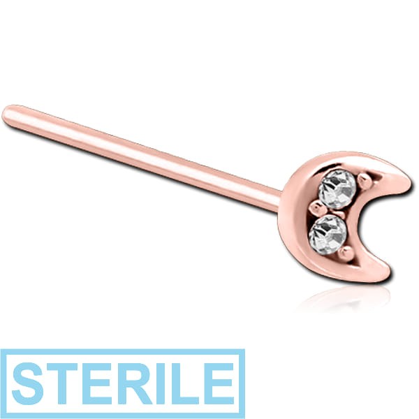 STERILE ROSE GOLD PVD COATED SURGICAL STEEL STRAIGHT JEWELLED NOSE STUD - CRESCENT