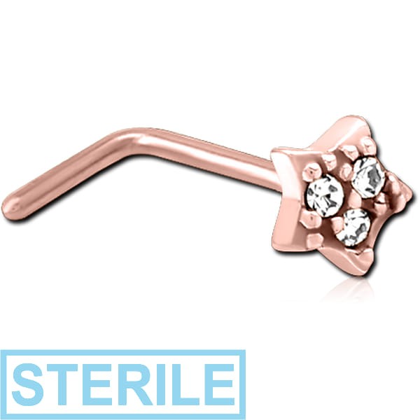 STERILE ROSE GOLD PVD COATED SURGICAL STEEL 90 DEGREE JEWELLED NOSE STUD - STAR