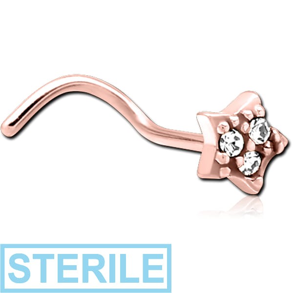 STERILE ROSE GOLD PVD COATED SURGICAL STEEL CURVED JEWELLED NOSE STUD - STAR