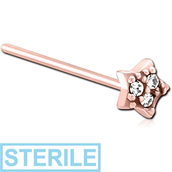 STERILE ROSE GOLD PVD COATED SURGICAL STEEL STRAIGHT JEWELLED NOSE STUD - STAR