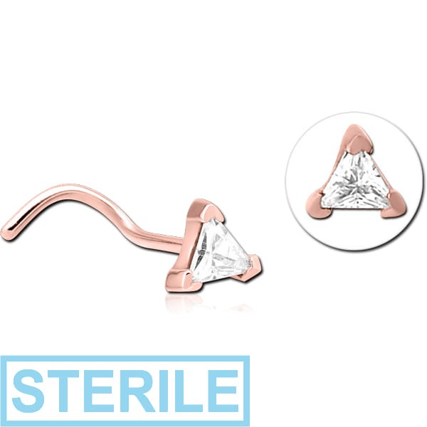 STERILE ROSE GOLD PVD COATED SURGICAL STEEL CURVED JEWELLED NOSE STUD - TRIANGLE