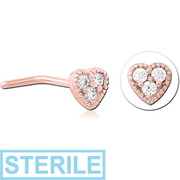 STERILE ROSE GOLD PVD COATED SURGICAL STEEL 90 DEGREE JEWELLED NOSE STUD - HEART