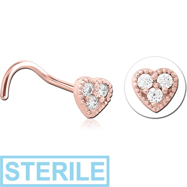 STERILE ROSE GOLD PVD COATED SURGICAL STEEL CURVED JEWELLED NOSE STUD - HEART