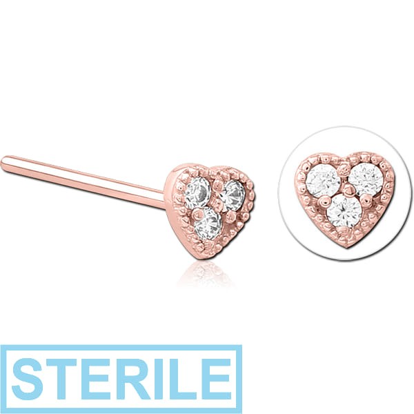 STERILE ROSE GOLD PVD COATED SURGICAL STEEL STRAIGHT JEWELLED NOSE STUD - HEART