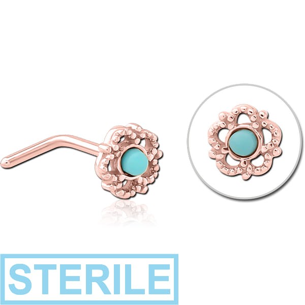 STERILE ROSE GOLD PVD COATED SURGICAL STEEL 90 DEGREE JEWELLED NOSE STUD - FLOWER