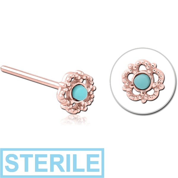 STERILE ROSE GOLD PVD COATED SURGICAL STEEL STRAIGHT JEWELLED NOSE STUD - FLOWER