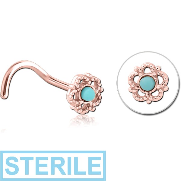 STERILE ROSE GOLD PVD COATED SURGICAL STEEL CURVED JEWELLED NOSE STUD - FLOWER