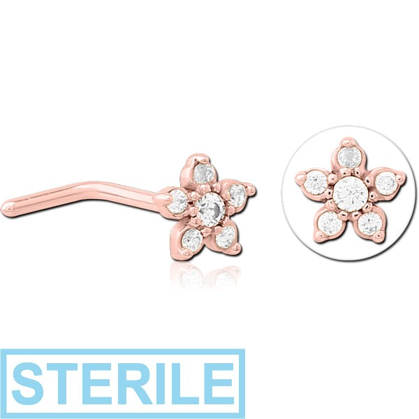 STERILE ROSE GOLD PVD COATED SURGICAL STEEL 90 DEGREE JEWELLED NOSE STUD -FLOWER