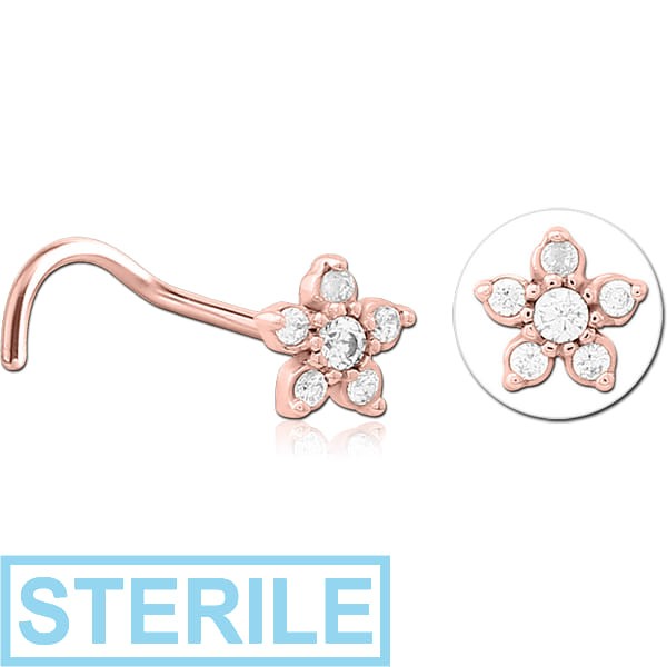 STERILE ROSE GOLD PVD COATED SURGICAL STEEL CURVED JEWELLED NOSE STUD - FLOWER