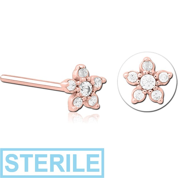 STERILE ROSE GOLD PVD COATED SURGICAL STEEL STRAIGHT JEWELLED NOSE STUD - FLOWER
