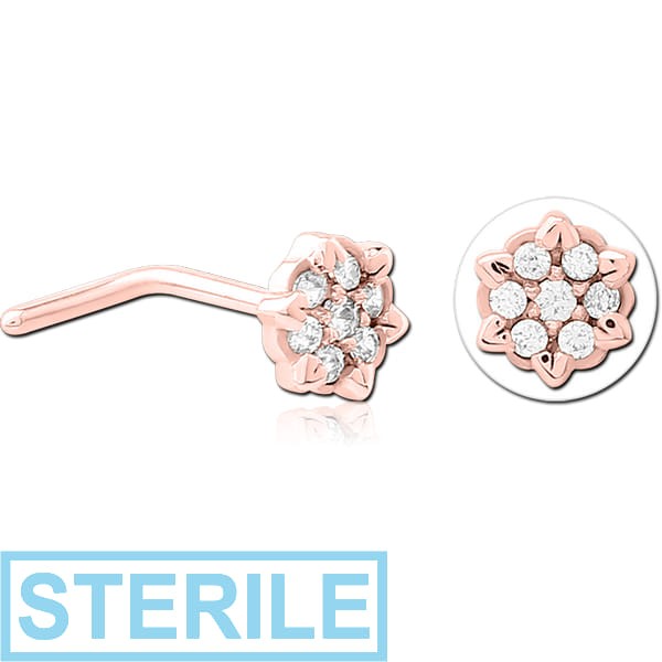 STERILE ROSE GOLD PVD COATED SURGICAL STEEL 90 DEGREE JEWELLED NOSE STUD - FLOWER