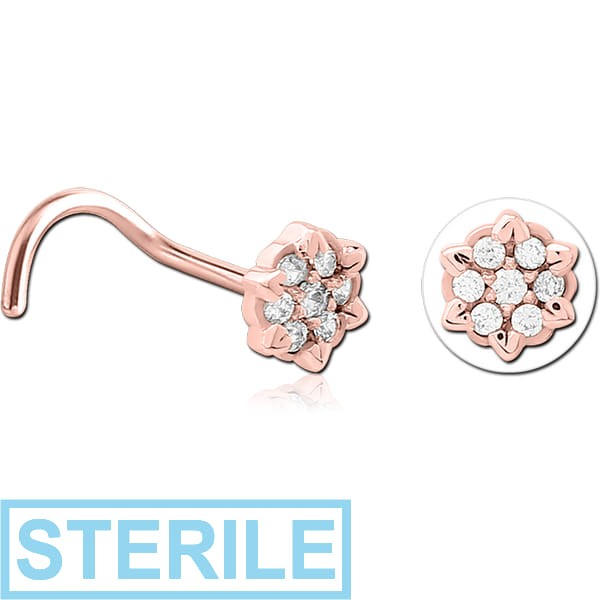 STERILE ROSE GOLD PVD COATED SURGICAL STEEL CURVED JEWELLED NOSE STUD - FLOWER