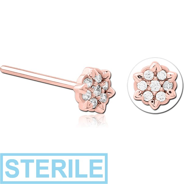 STERILE ROSE GOLD PVD COATED SURGICAL STEEL STRAIGHT JEWELLED NOSE STUD - FLOWER