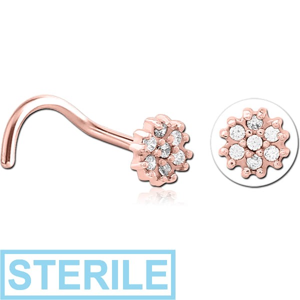 STERILE ROSE GOLD PVD COATED SURGICAL STEEL CURVED JEWELLED NOSE STUD - FLOWER