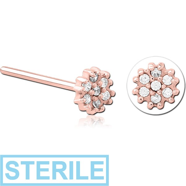 STERILE ROSE GOLD PVD COATED SURGICAL STEEL STRAIGHT JEWELLED NOSE STUD - FLOWER