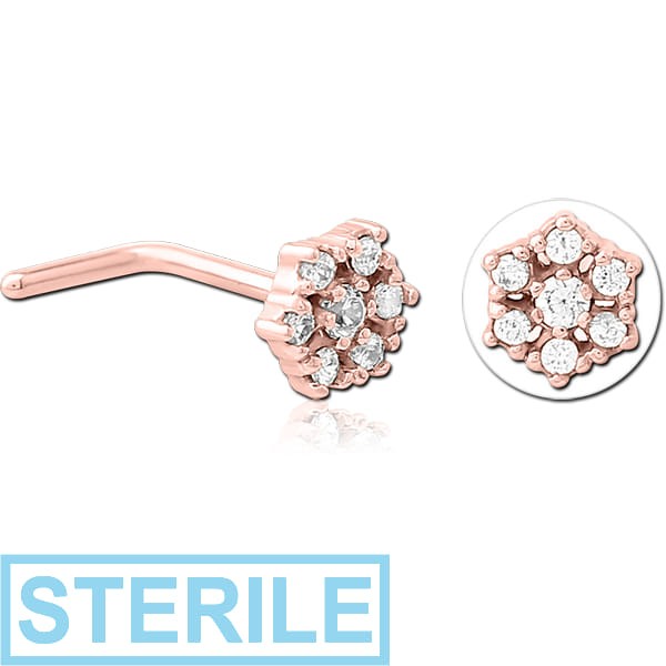 STERILE ROSE GOLD PVD COATED SURGICAL STEEL 90 DEGREE JEWELLED NOSE STUD - FLOWER