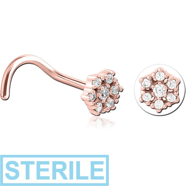 STERILE ROSE GOLD PVD COATED SURGICAL STEEL CURVED JEWELLED NOSE STUD - FLOWER