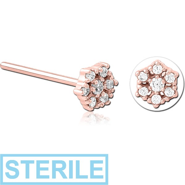 STERILE ROSE GOLD PVD COATED SURGICAL STEEL STRAIGHT JEWELLED NOSE STUD - FLOWER