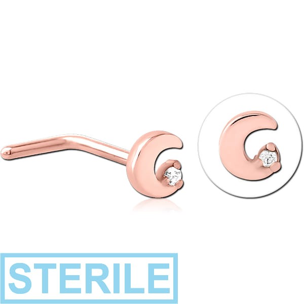 STERILE ROSE GOLD PVD COATED SURGICAL STEEL 90 DEGREE JEWELLED NOSE STUD