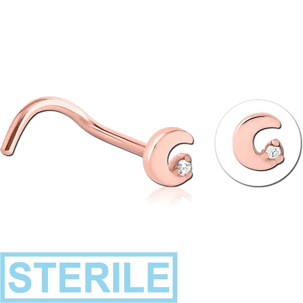 STERILE ROSE GOLD PVD COATED SURGICAL STEEL CURVED JEWELLED NOSE STUD