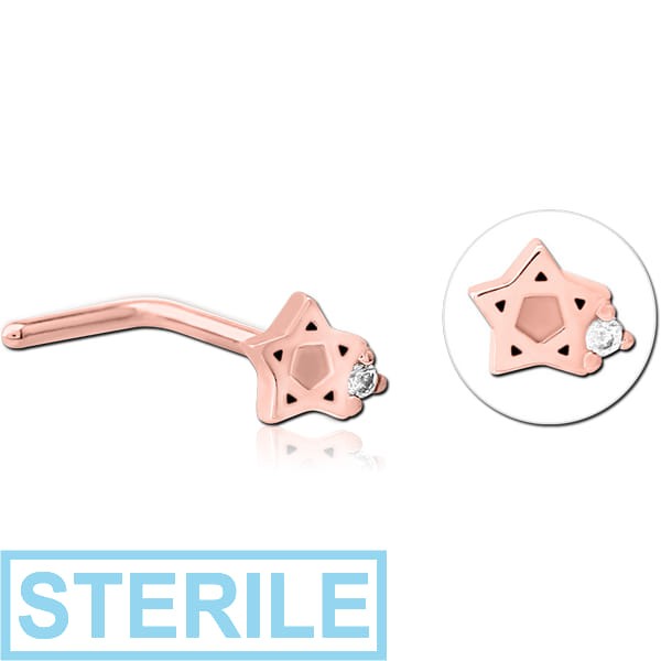 STERILE ROSE GOLD PVD COATED SURGICAL STEEL 90 DEGREE JEWELLED NOSE STUD